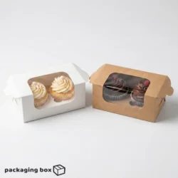 2 cupcake boxes with clear window in white and kraft brown colors