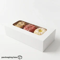White 3 cupcake box with clear window showing assorted cookies and pastries