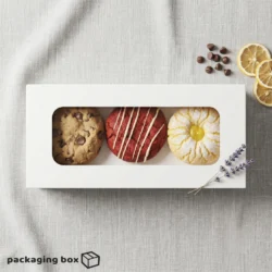 White 3 cupcake box with clear window showing assorted cookies and pastries