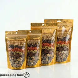Golden Clear Zipper Pouches in 4 sizes filled with mixed spices, star anise and dry fruits by Packaging Box