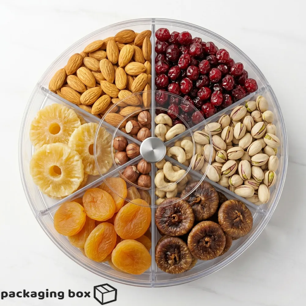 Six Portion Acrylic Box 750gm Round Dry Fruit Packaging
