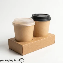 Brown kraft 2 cup coffee cup carrier tray holding two paper cups with clear and black lids