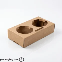 Brown kraft 2 cup coffee cup carrier tray holding two paper cups with clear and black lids