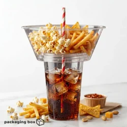 2-in-1 clear plastic disposable cup with snack bowl filled with popcorn fries and cold drink