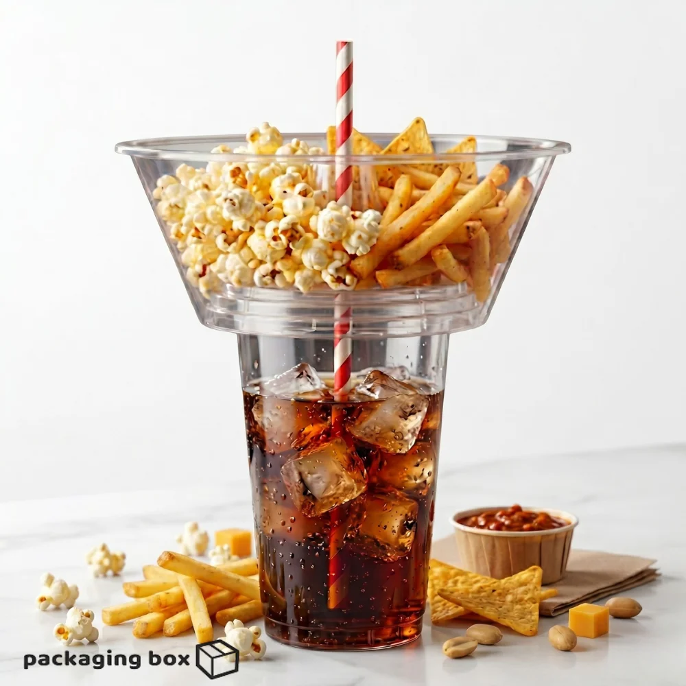 2-in-1 clear plastic disposable cup with snack bowl filled with popcorn fries and cold drink