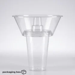 2-in-1 clear plastic disposable cup with snack bowl filled with popcorn fries and cold drink