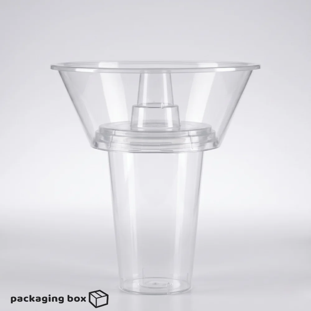 2-in-1 clear plastic disposable cup with snack bowl filled with popcorn fries and cold drink