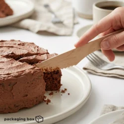 Hand cutting chocolate cake with a birchwood wooden serrated knife — eco-friendly disposable cutlery by PackagingBox.pk
