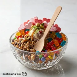 Birchwood wooden spoon placed in a colorful ice cream dessert bowl with gummy bears and candies — eco-friendly cutlery by PackagingBox.pk