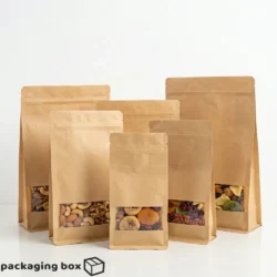 Kraft paper bottom side gusseted standup pouch with clear transparent window and zip lock eco-friendly food packaging bag by Packaging Box Pakistan
