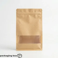 Kraft paper bottom side gusseted standup pouch with clear transparent window and zip lock eco-friendly food packaging bag by Packaging Box Pakistan