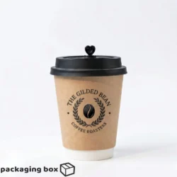 Two sizes of imported brown kraft double wall paper coffee cups with black lids showing custom