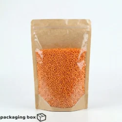 Brown paper kraft bags with clear transparent front window in 4 sizes filled with grains, beans, black sesame and red lentils – eco-friendly standup pouches with zip lock by Packaging Box Pakistan