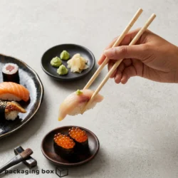 Hand holding natural disposable chopsticks picking up sushi nigiri with wasabi, sushi rolls and ikura on dark plates in background