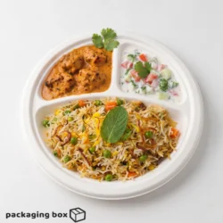 White compostable 3 compartment round disposable plate filled with biryani rice, chicken curry and raita salad, displayed on white background — eco-friendly biodegradable paper plate by Packaging Box Pakistan