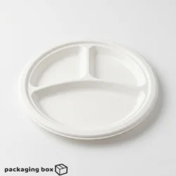 White compostable 3 compartment round disposable plate filled with biryani rice, chicken curry and raita salad, displayed on white background — eco-friendly biodegradable paper plate by Packaging Box Pakistan