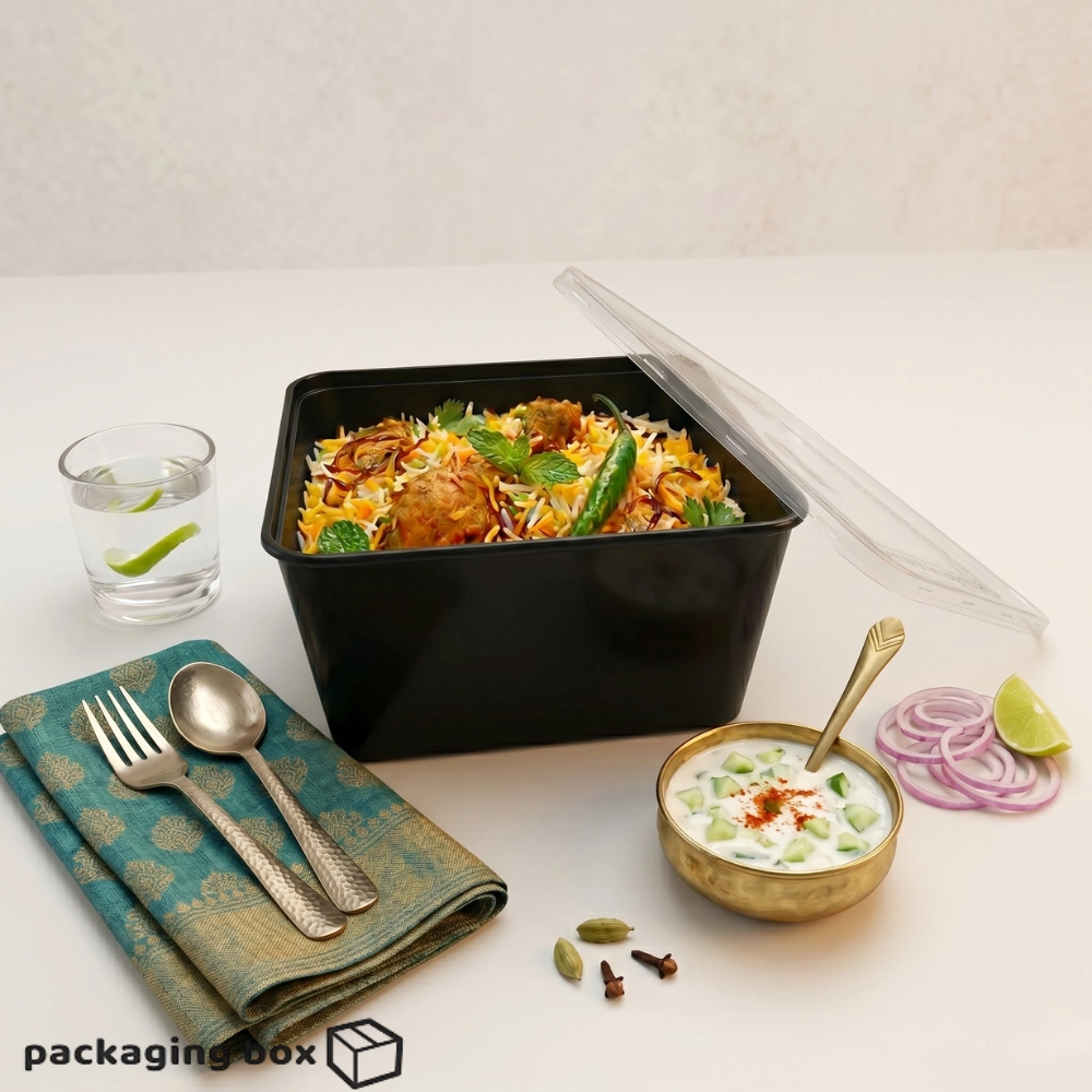 Disposable Black Plastic Food Container with Biryani – Premium Takeaway Packaging Pakistan