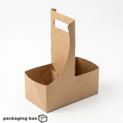 Kraft paper disposable cup carrier with handle holding two coffee cups with white lids, displayed on white background — eco-friendly 2 cup takeaway holder by Packaging Box Pakistan