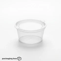 Clear plastic disposable dip sauce containers with attached flip lids filled with ketchup chutney and mayo sauce