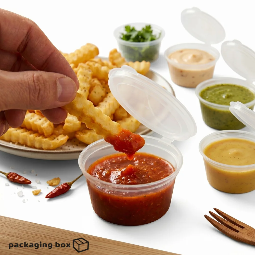 Clear plastic disposable dip sauce containers with attached flip lids filled with ketchup chutney and mayo sauce