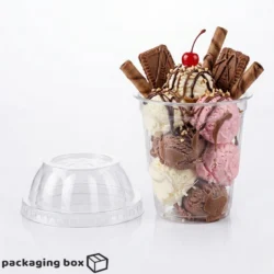 Crystal clear disposable plastic ice cream cup with dome lid filled with chocolate vanilla and strawberry scoops topped with wafer rolls biscuits and cherry