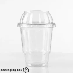 Crystal clear disposable plastic ice cream cup with dome lid filled with chocolate vanilla and strawberry scoops topped with wafer rolls biscuits and cherry