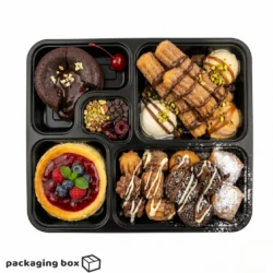 Five Portion Black Plastic Tray with Rice Curry Salad Hummus & Bread – Disposable 5 Compartment Meal Packaging Pakistan