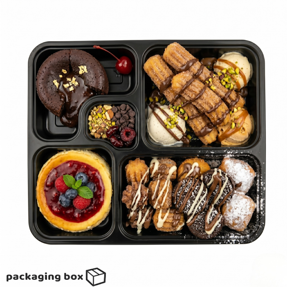 Five Portion Black Plastic Tray with Rice Curry Salad Hummus & Bread – Disposable 5 Compartment Meal Packaging Pakistan