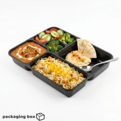 Five Portion Black Plastic Tray with Rice Curry Salad Hummus & Bread – Disposable 5 Compartment Meal Packaging Pakistan