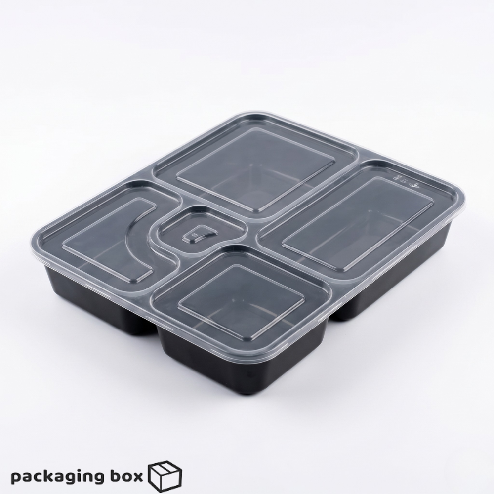 Five Portion Black Plastic Tray with Rice Curry Salad Hummus & Bread – Disposable 5 Compartment Meal Packaging Pakistan