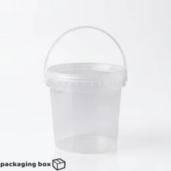 Clear transparent disposable food packaging buckets with snap lid and carry handle in two sizes — food-grade plastic packaging in Pakistan.