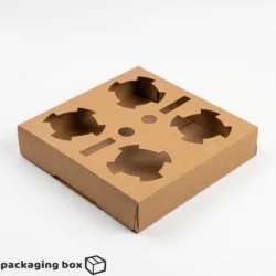 Kraft cardboard 4-cup coffee carrier holding four paper cups with different lids – black, white and red heart lid – eco-friendly drink tray by Packaging Box Pakistan
