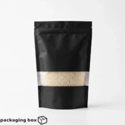 Black Kraft Standup Pouch with clear window showing multiple sizes of matte black resealable zip lock bags by Packaging Box Pakistan