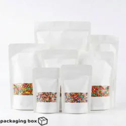 White Kraft Standup Pouch with clear window showing colorful candy