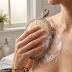 Hand holding a natural oval loofah scrubber with grey fabric border and hanging loop, scrubbing soapy lather on shoulder in a bright bathroom setting