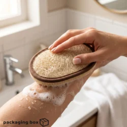 Hand holding a natural pear loofah sponge with brown fabric border, scrubbing soapy lather on forearm near a bathtub in a bright bathroom setting