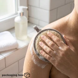 Hand pressing a natural round loofah scrubber with grey fabric border and hanging loop against a soapy shoulder in a bright tiled bathroom, with a soap dispenser and white towels visible in background