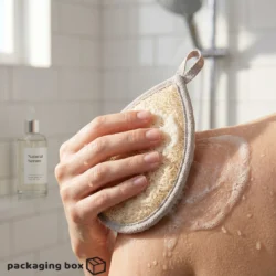 Hand holding a natural teardrop bath loofah scrubbing soapy lather on shoulder in shower with natural serum bottle in background