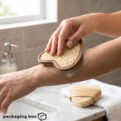Two heart-shaped natural loofah scrubbers — one with kraft paper band label and one showing loofah texture with brown fabric border, for kitchen and bath use
