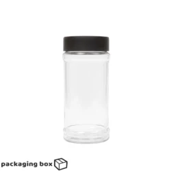 Three clear round plastic jars with black lids filled with fine granulated sugar whole dry red chilies and authentic whole garam masala blend with packaging pk premium labels