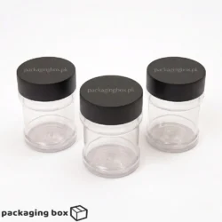 Three empty clear round plastic jars 250g with black screw top lids by packagingbox pk for food spice and dry goods storage