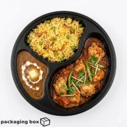 Rounded Disposable Black 3 Compartment Food Tray with Biryani Raita & Chutney – Packaging Box Pakistan