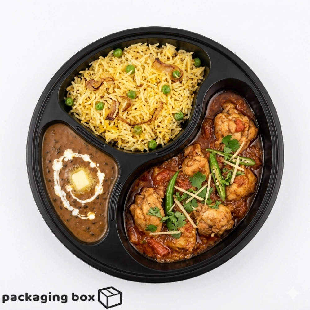 Rounded Disposable Black 3 Compartment Food Tray with Biryani Raita & Chutney – Packaging Box Pakistan