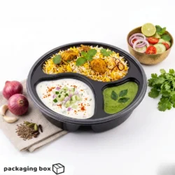 Rounded Disposable Black 3 Compartment Food Tray with Biryani Raita & Chutney – Packaging Box Pakistan