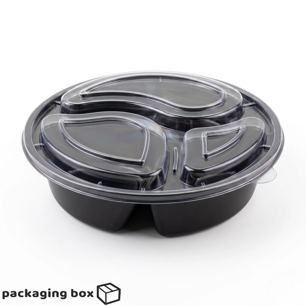 Rounded Disposable Black 3 Compartment Food Tray with Biryani Raita & Chutney – Packaging Box Pakistan