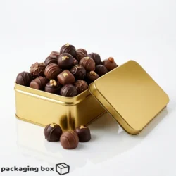 Square golden tin box filled with assorted French macarons, cookies and chocolates with decorative tissue paper