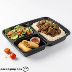 Three Portion Black Plastic Tray with Rice Curry Salad & Spring Roll – Disposable 3 Compartment Meal Packaging Pakistan