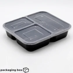 Three Portion Black Plastic Tray with Rice Curry Salad & Spring Roll – Disposable 3 Compartment Meal Packaging Pakistan
