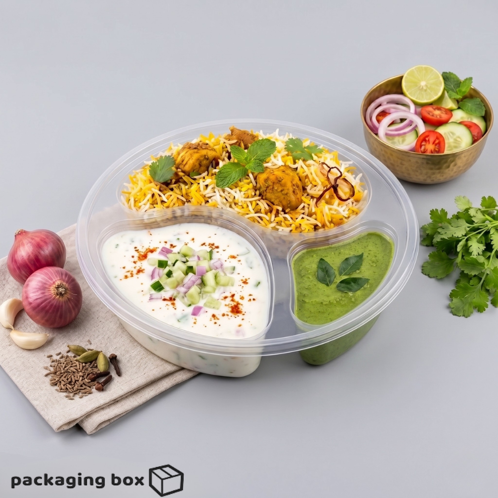 Transparent Rounded Disposable Three Portion Tray with Clear Lid – 3 Compartment Clear Meal Tray Pakistan