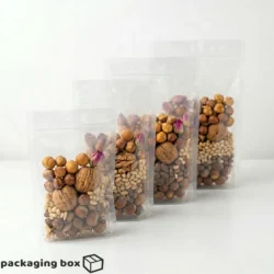 Transparent flat bottom side gusseted pouch filled with sunflower seeds